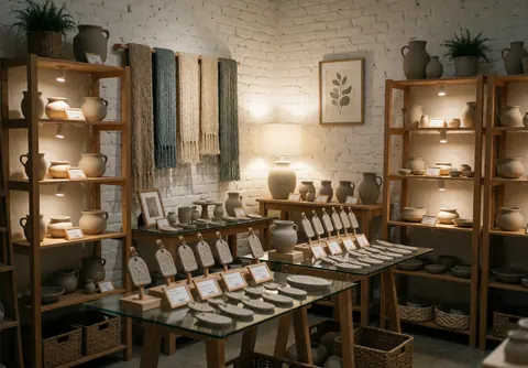 Vitrine d'artisanat avec étagères en bois et tables en verre présentant de la céramique, des tissus et des amulettes sous un éclairage chaleureux.