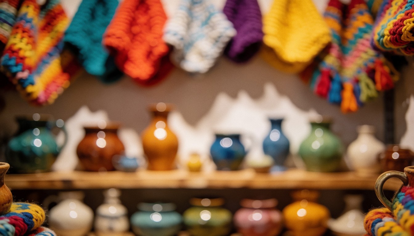 Arrière-plan doux et vibrant avec de la céramique et des textiles suspendus, idéal pour ajouter du texte sur les ateliers d'artisanat.