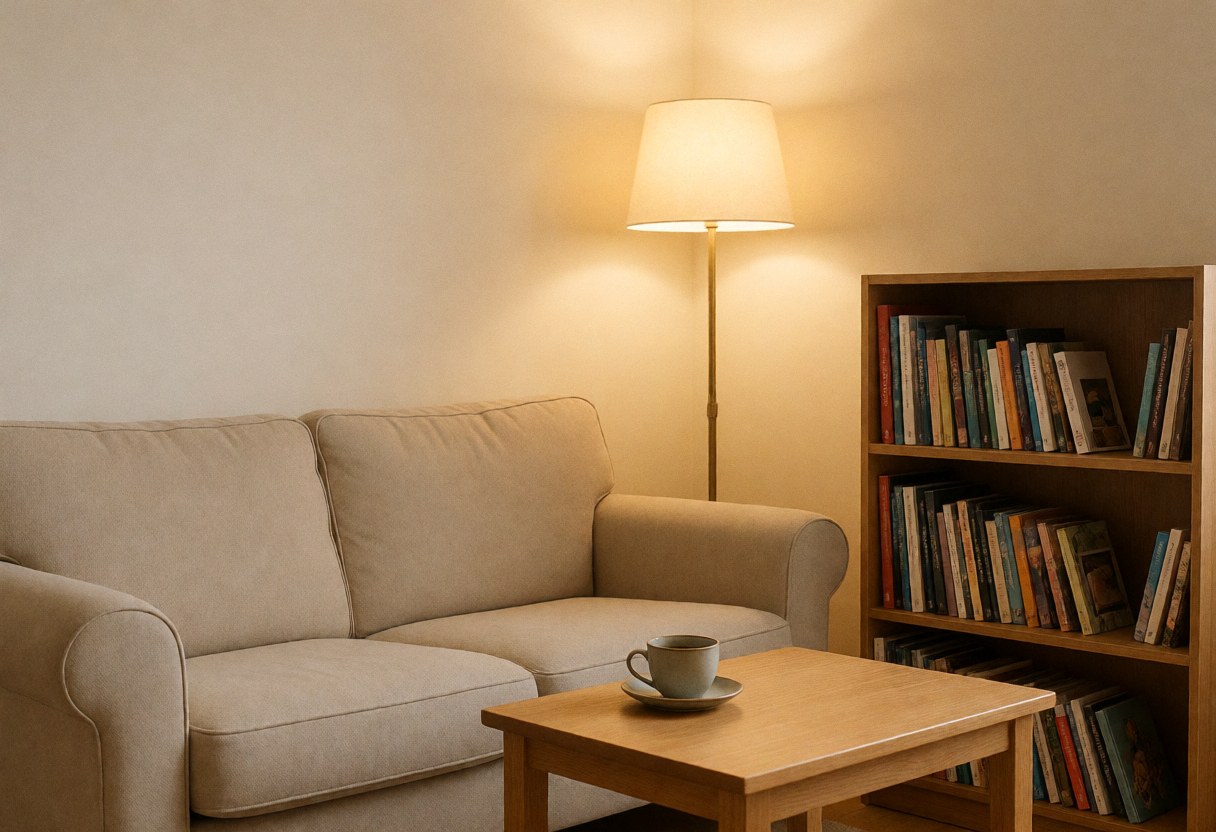 Coin douillet avec canapé beige, table en bois, tasse, étagère remplie de livres et lampe posée éclairant le mur beige.