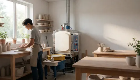 Artiste céramiste travaillant dans un atelier avec four, tour de potier et outils sur des tables en bois, éclairé par la lumière naturelle d'une fenêtre.