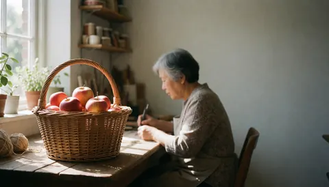 Un panier rempli de pommes fraîches posé sur une table en bois dans un atelier, avec des étagères de matériaux et une personne travaillant en arrière-plan sous lumière naturelle.
