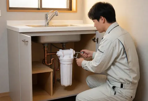 Un plombier en uniforme installe un filtre à eau blanc sous un évier de cuisine avec des tuyaux en cuivre visibles et une lumière naturelle.