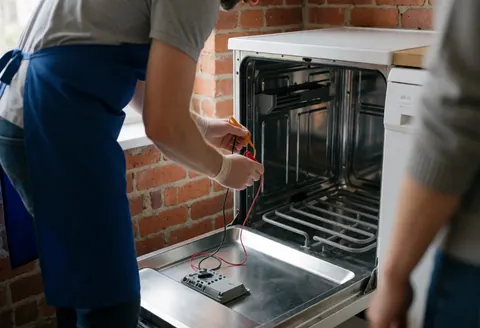 Un technicien en tenue de travail utilise un multimètre pour tester l'élément chauffant d'un lave-vaisselle ouvert dans un environnement intérieur.
