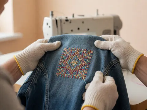 Des mains portant des gantes tiennent une veste en jean ornée d'un patch de couture, dans un atelier d'artisanat avec une machine à coudre en arrière-plan.