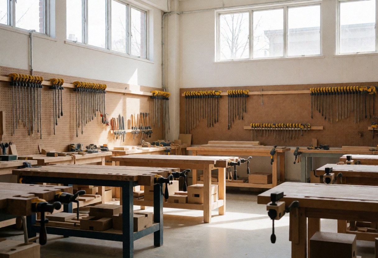 Espace de travail en bois avec établi, outils accrochés aux murs en panneaux, lumière naturelle par les fenêtres hautes, ambiance propre et professionnelle.