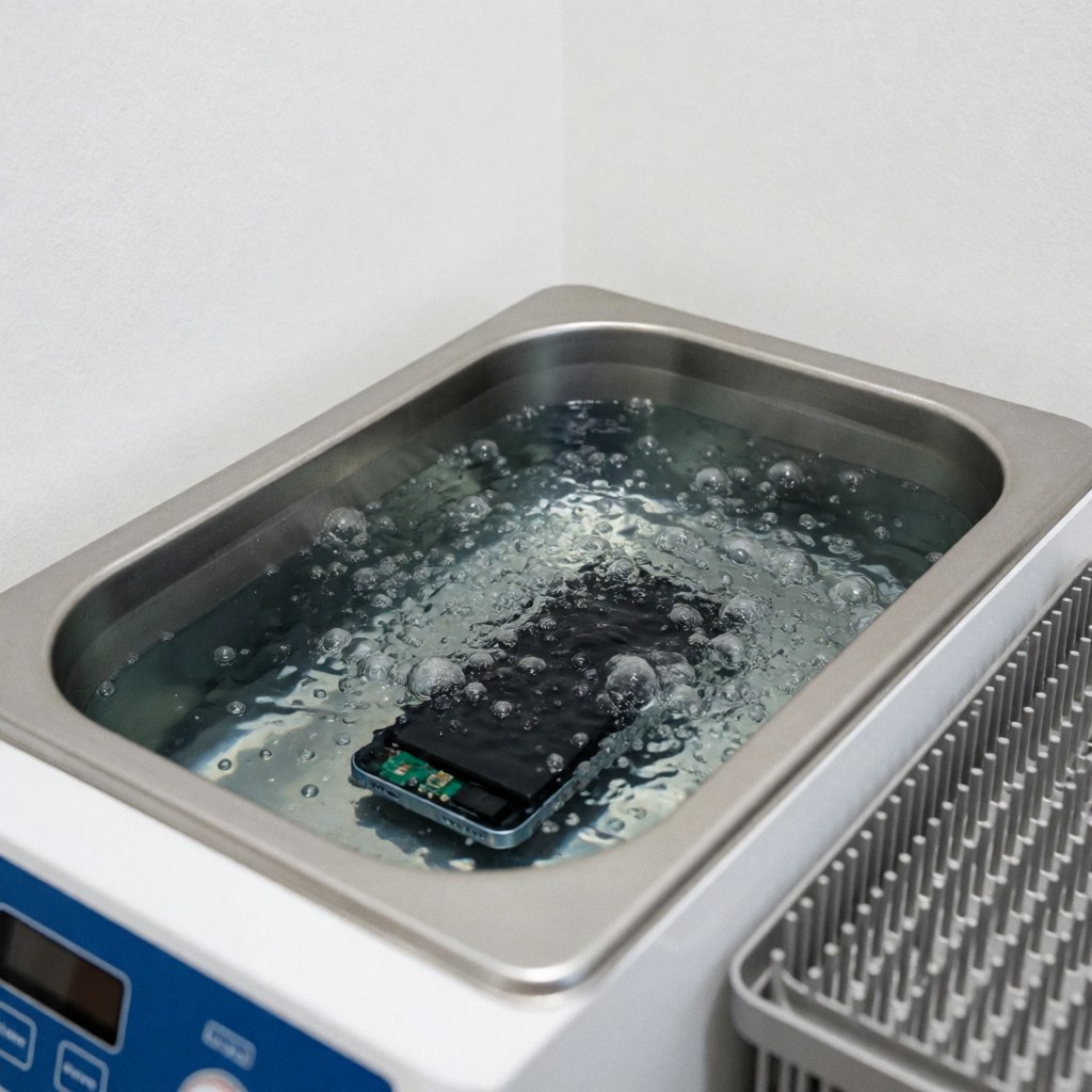 Téléphone démonté en cours de nettoyage dans un bain à ultrasons avec des bulles, près d'un support de séchage sur fond blanc.