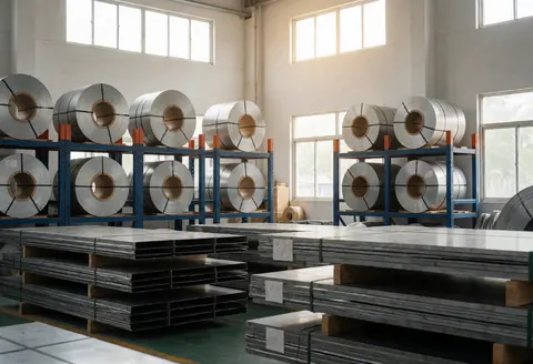 Entrepôt industriel avec des étagères hautes remplies de rouleaux d'acier et des piles de plaques métalliques sur palettes, éclairé par des fenêtres hautes.