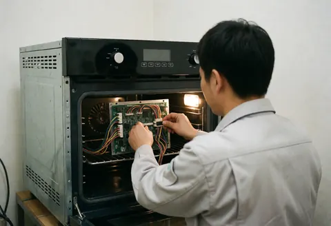 Un technicien en uniforme gris pose une carte circuit avec des câbles colorés à l'intérieur d'un four ouvert sur fond blanc.