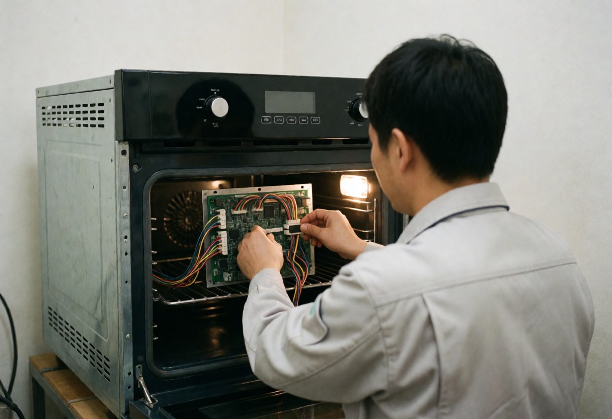 Un technicien en uniforme gris pose une carte circuit avec des câbles colorés à l'intérieur d'un four ouvert sur fond blanc.