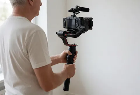 Photographe professionnel tenant un gimbal et une caméra dans un studio aux murs blancs, éclairé par la lumière naturelle.