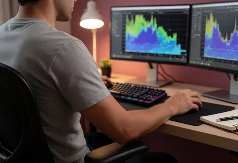 Personne travaillant sur ordinateur avec deux écrans, clavier mécanique, souris et carnet sur table en bois avec lumière de bureau.