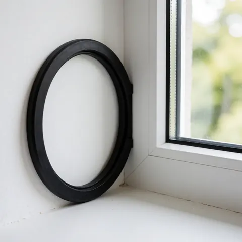 Joint d'etanchéité epdm noir en forme de d installe sur le coin d'une fenetre blanche avec un fond blanc et un eclairage doux pour la reparation de fenetres