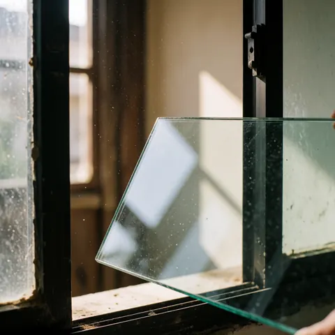 Installation d'un verre trempé transparent dans un cadre de fenêtre en aluminium noir usé avec poussière flottant dans la lumière du soleil.