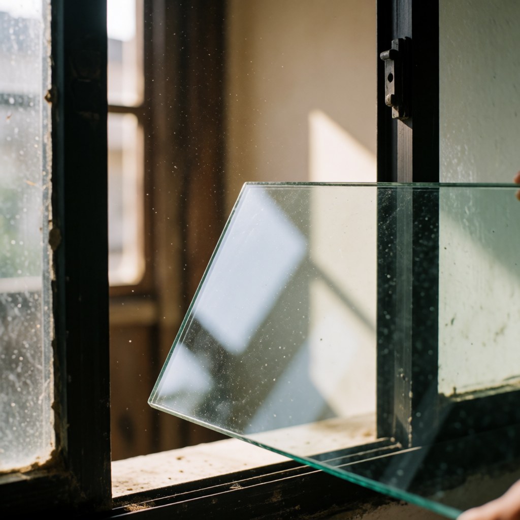 Installation d'un verre trempé transparent dans un cadre de fenêtre en aluminium noir usé avec poussière flottant dans la lumière du soleil.