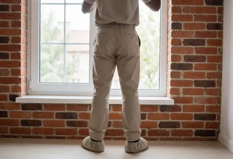 Vue arrière d'un technicien portant des chaussures de protection travaillant sur une fenêtre dans une maison avec un mur en briques rouges, dans un environnement lumineux.