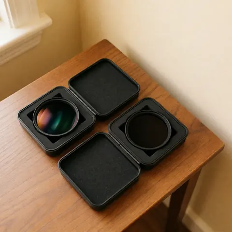 Deux filtres photographiques rangés dans des étuis noirs posés sur une table en bois à grain visible, devant un mur beige éclairé par une lumière naturelle chaleureuse.