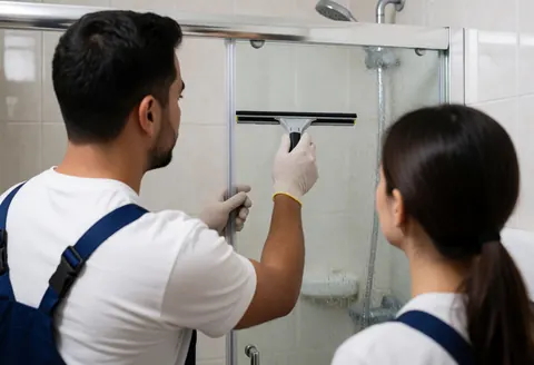 Un technicien portant des gants nettoie une porte de douche en verre avec un racleur dans une salle de bain aux carreaux blancs.