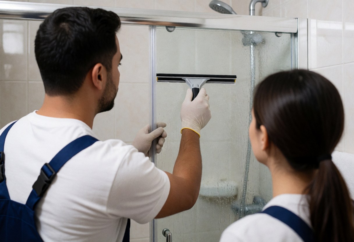Un technicien portant des gants nettoie une porte de douche en verre avec un racleur dans une salle de bain aux carreaux blancs.