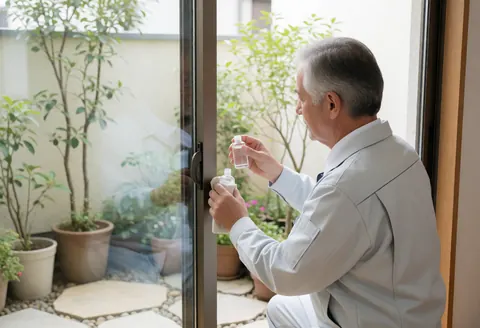 Un technicien en uniforme applique du lubrifiant sur les roulements d'une porte vitrée dans un patio en pierre avec des plantes et une lumière naturelle.