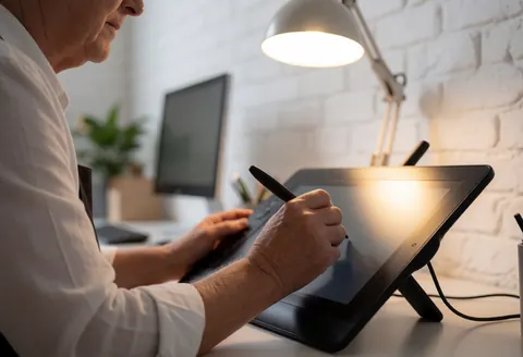 Un professionnel adulte utilise une tablette graphique avec un stylet dans un bureau éclairé par une lumière chaude, devant un mur de briques blanches.