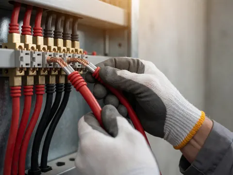 Des mains gantées branchent des fils rouges et noirs sur un bloc terminal en bronze dans un panneau électrique, sur fond de mur en béton.