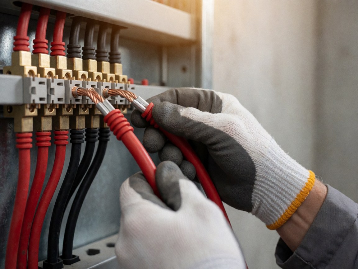Des mains gantées branchent des fils rouges et noirs sur un bloc terminal en bronze dans un panneau électrique, sur fond de mur en béton.