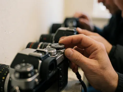 Une main ajuste le cadran d'un appareil photo dans un atelier, avec d'autres appareils et un fond flou de murs chauds.