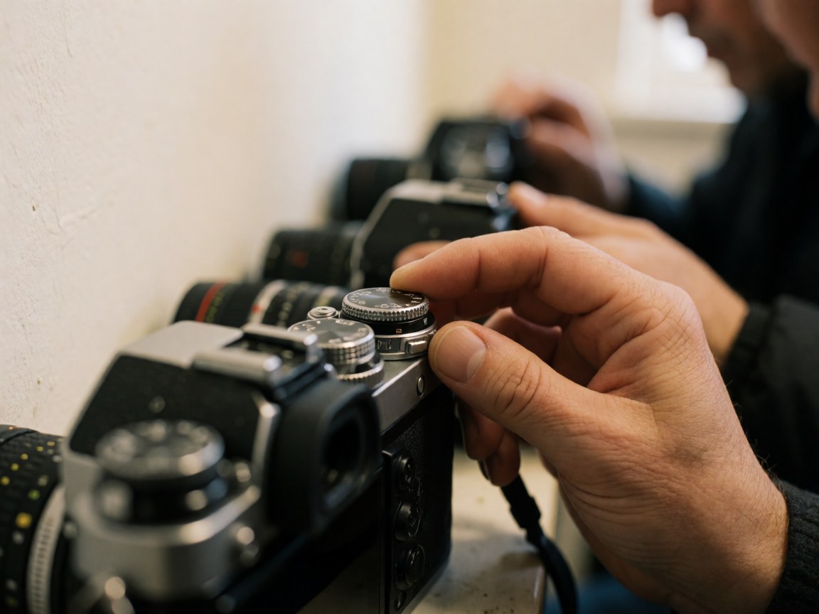Une main ajuste le cadran d'un appareil photo dans un atelier, avec d'autres appareils et un fond flou de murs chauds.
