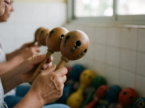 Mains d'adulte tenant des maracas en bois avec des calebasses, sur fond d'instruments colorés et de carreaux blancs.
