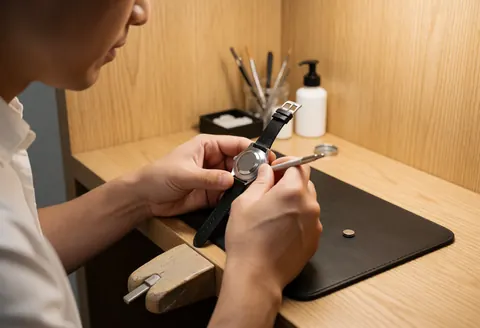 Technicien réparant une montre avec un outil, montrant le processus de réparation dans un atelier aux murs en bois avec des outils visibles.