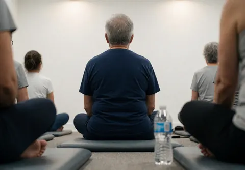 Vue arrière d'une personne âgée assise en position de lotos lors d'un atelier de théâtre, concentrée sur sa respiration consciente avec un fond flou.