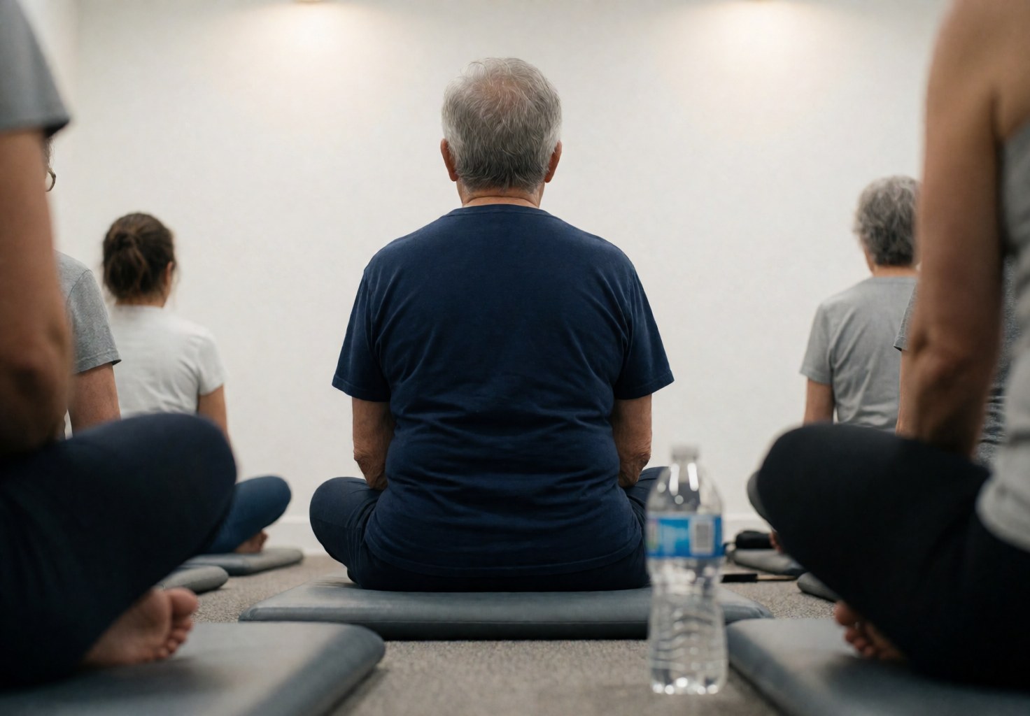 Vue arrière d'une personne âgée assise en position de lotos lors d'un atelier de théâtre, concentrée sur sa respiration consciente avec un fond flou.