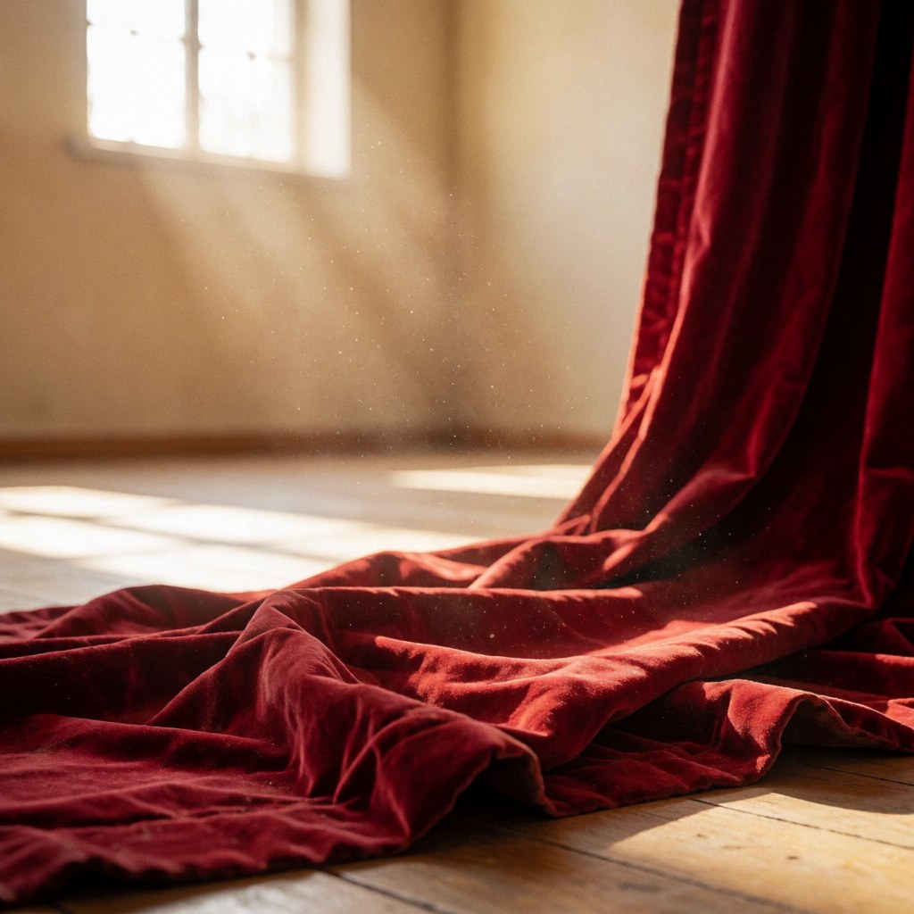 Rideau rouge en velours avec texture, plis et poussière éclairé par la lumière du soleil sur un sol en bois dans une scène vide.