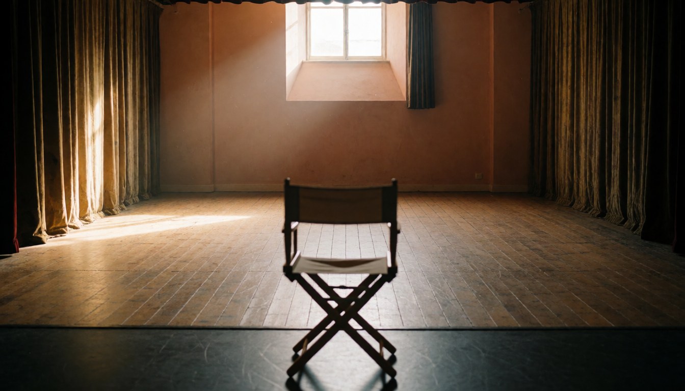Scène de théâtre déserte avec un fauteuil de réalisateur au centre, éclairée par la lumière naturelle entrant par une fenêtre, des rideaux en velours et un sol en bois.