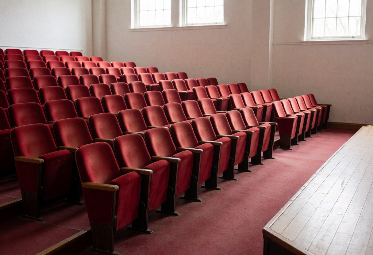 Salle de théâtre avec des sièges rouges et une scène en bois éclairée par la lumière naturelle provenant de fenêtres hautes, créant une ambiance calme et prometteuse.