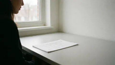 Bureau minimaliste avec un scénario ouvert, mur blanc et fenêtre laissant entrer la lumière naturelle.