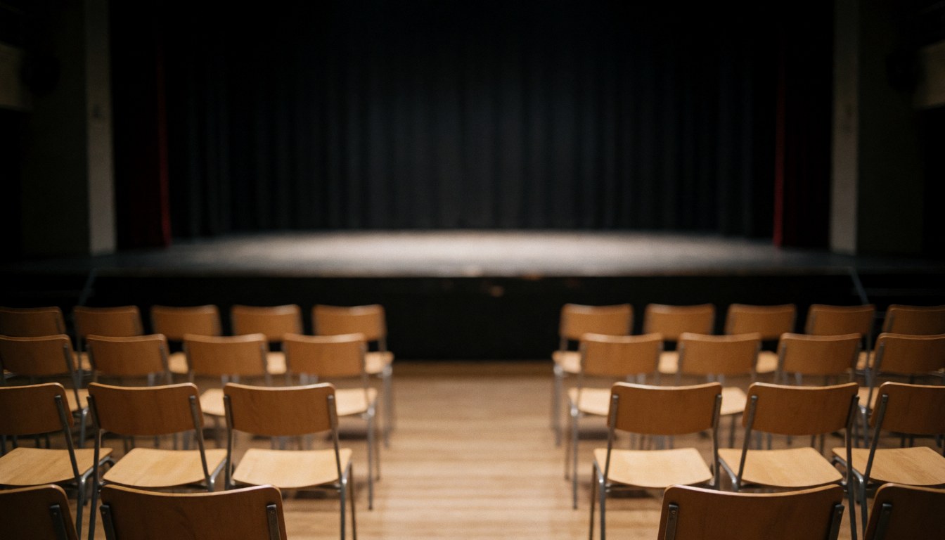 Une scène de théâtre vide avec des chaises en bois disposées face à un fond sombre, éclairage tamisé créant une atmosphère professionnelle pour du texte.