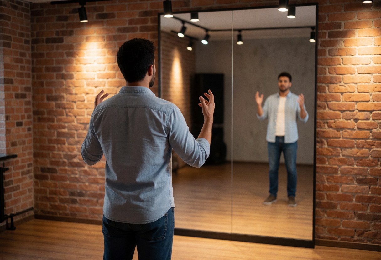 Un acteur de théâtre effectuant des exercices de jeu face à un grand miroir dans un studio aux murs de briques et à l'éclairage chaud, mettant en valeur son expression corporelle.