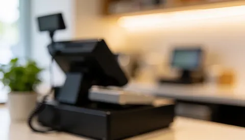 Arrière-plan de caisse enregistreuse dans un commerce avec plantes et lumière douce, idéal pour ajouter du texte ou des informations de service.