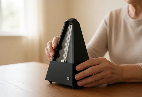 Une femme ajuste un métronome noir sur une table en bois baignée de lumière naturelle avec un arrière-plan flou.