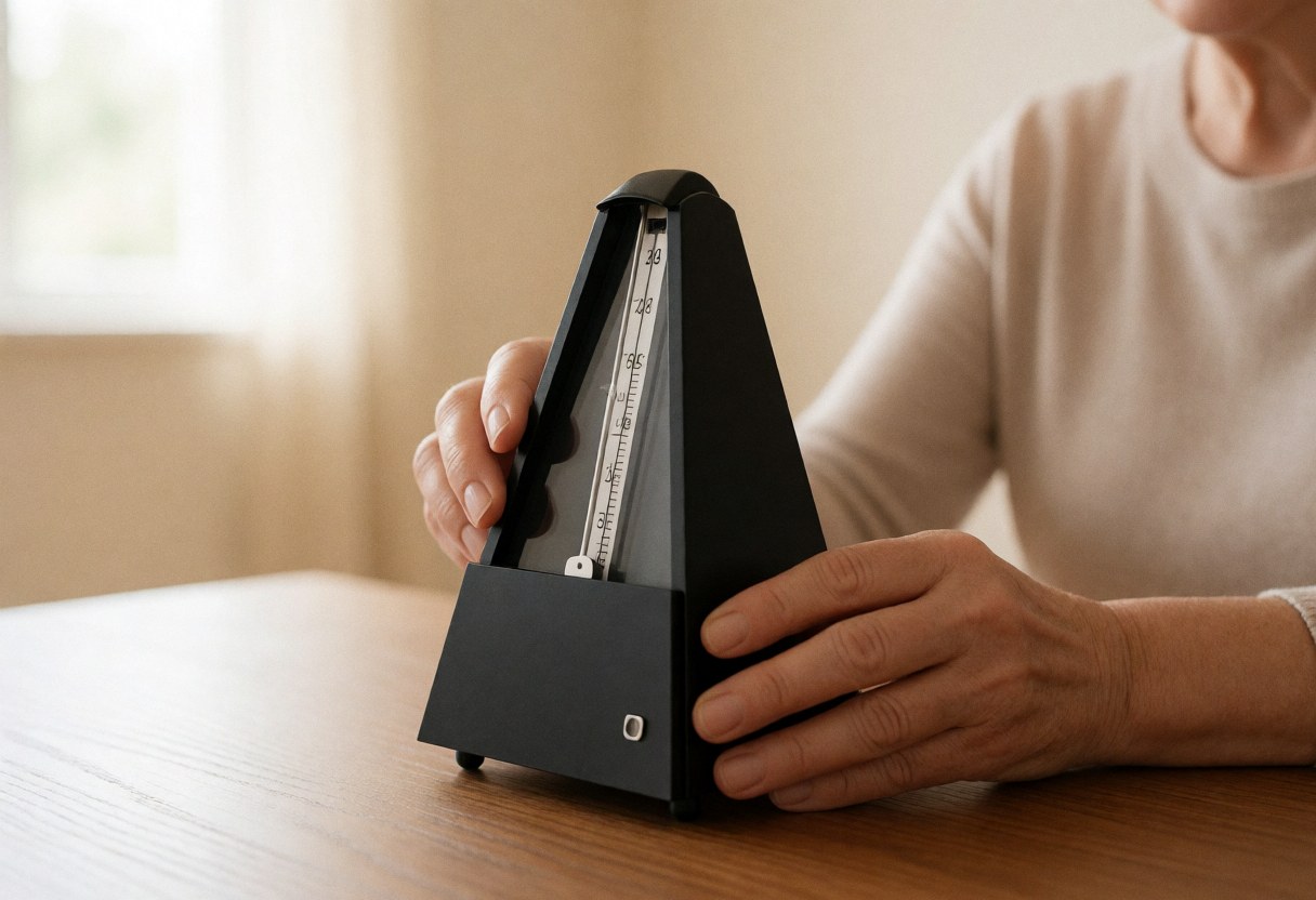 Une femme ajuste un métronome noir sur une table en bois baignée de lumière naturelle avec un arrière-plan flou.