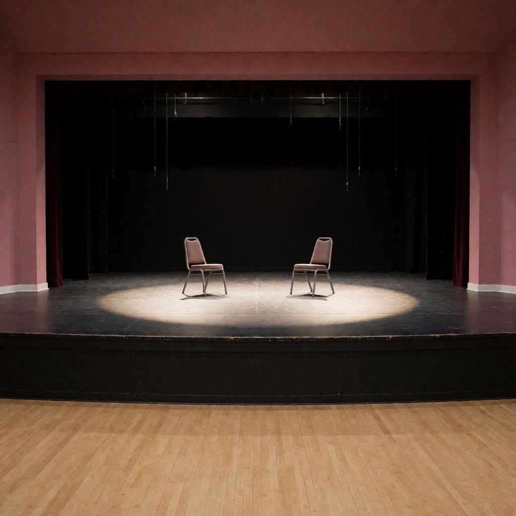 Une scène de théâtre vide avec deux chaises placées sous un faisceau lumineux central, des murs roses et des rideaux noirs en arrière-plan.