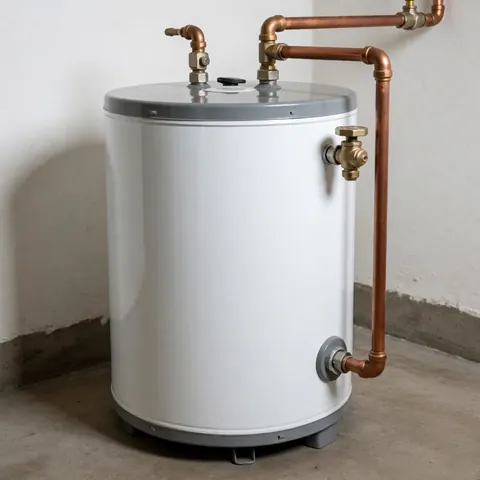 Un réservoir d'eau chaude blanc équipé de conduites en cuivre, installé dans une pièce aux murs blancs et au sol en béton, illustrant des services de plomberie.