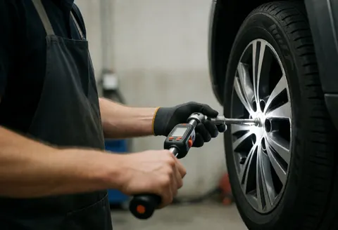 Un mécanicien en gants et tablier ajuste une jante de voiture dans un atelier de vélos, avec un fond flou et une lumière vive.