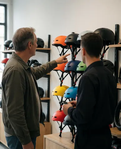 Un client adulte examine des casques colorés sur une étagère dans un atelier de vélo, assisté par un mécaniste dans un cadre lumineux et chaleureux.
