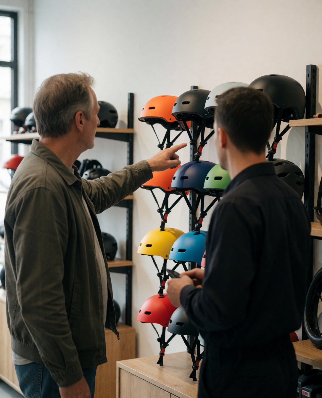 Un client adulte examine des casques colorés sur une étagère dans un atelier de vélo, assisté par un mécaniste dans un cadre lumineux et chaleureux.