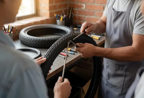 Un mécanicien et un client retirent ensemble une roue de vélo à l'aide d'outils dans un atelier aux murs en briques.