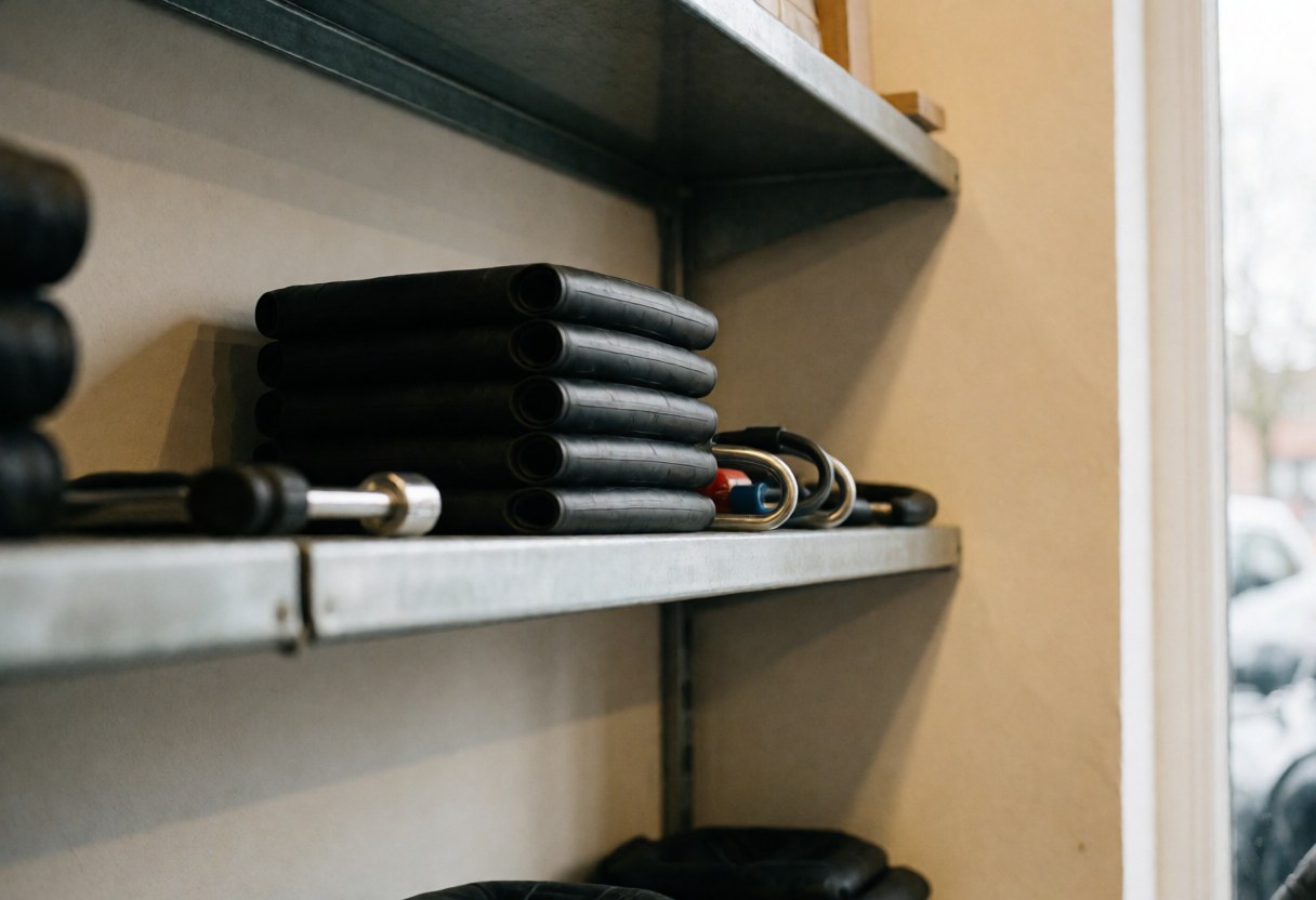 Étagère métallique avec pneus et cadenas, lumière naturelle par fenêtre, murs crème, organisation propre et accessible pour les clients.
