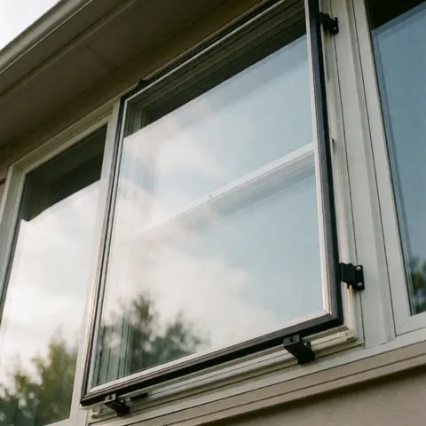 Fenêtre transparente et résistante fixée sur une maison, reflétant le ciel et les arbres, montage sécurisé avec attaches apparentes.