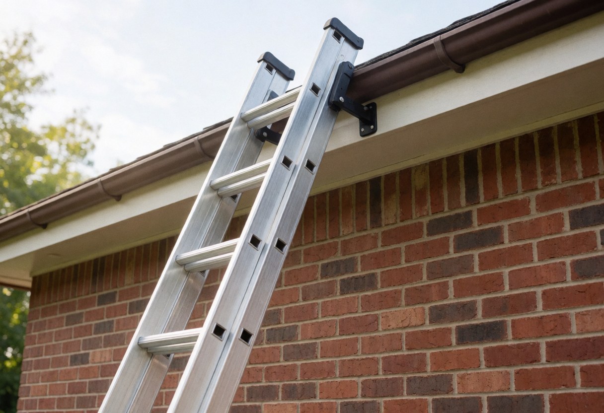 Échelle fixe en aluminium avec supports, installée contre un mur de briques pour l'accès au toit et la réparation sous lumière naturelle.